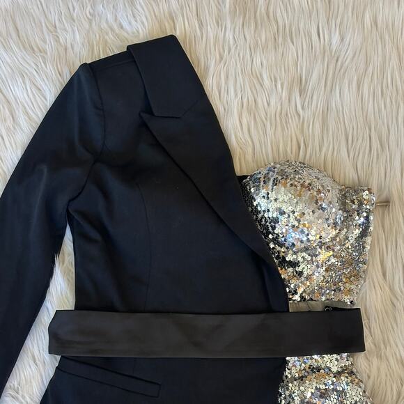 Miss Circle Skylynn Sequin Black Blazer Romper Belted Cut Out Sparkle Dress - Picture 7 of 16